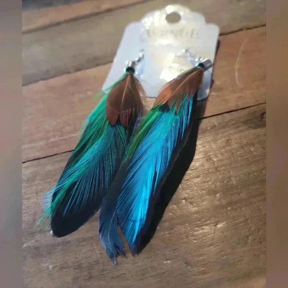 Feather Drop Earrings in Teal & Brown - Lightweight Boho Style